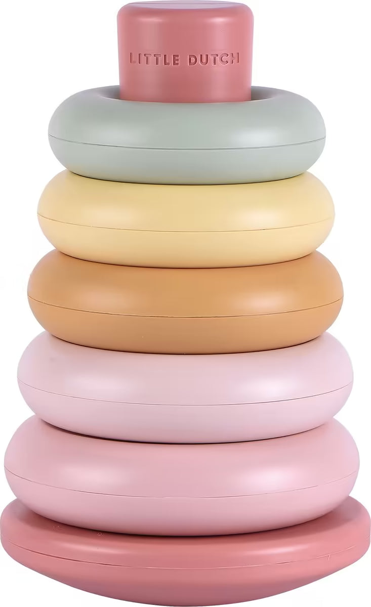 Detailfoto van Little Dutch Stapelringen Roze, educatief Montessori speelgoed met kleurrijke stapelringen.