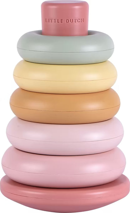 Detailfoto van Little Dutch Stapelringen Roze, educatief Montessori speelgoed met kleurrijke stapelringen.