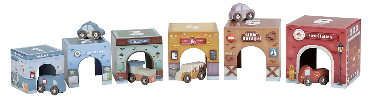 Little Dutch Stapeltoren incl. 6 auto’s van speelgoed in hout, kleurrijk en educatief speelgoed voor peuters.