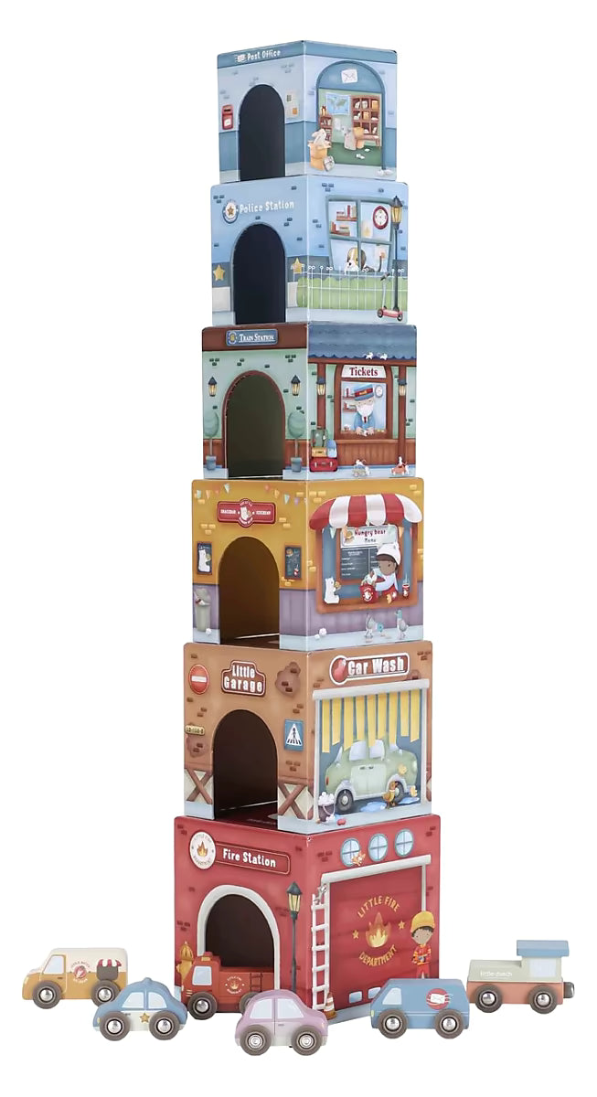 Little Dutch Stapeltoren opgebouwd met 6 kleurrijke blokken en auto’s, educatief speelgoed voor peuters.