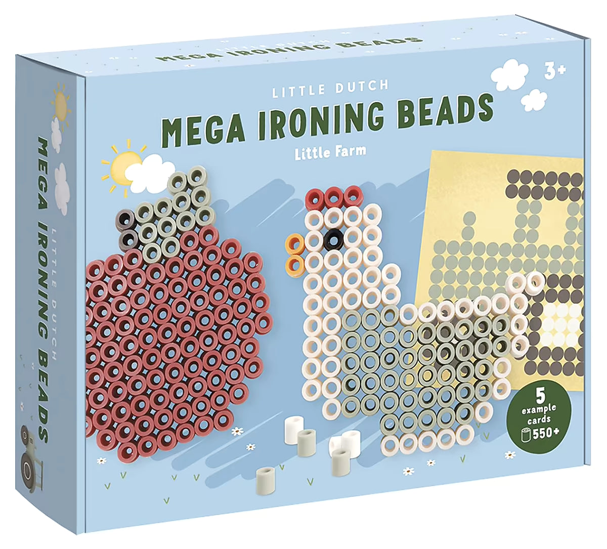 Voorkant verpakking Little Dutch Strijkkralen Maxi Little Farm met voorbeelden appel en kip, leuk knutsel idee.