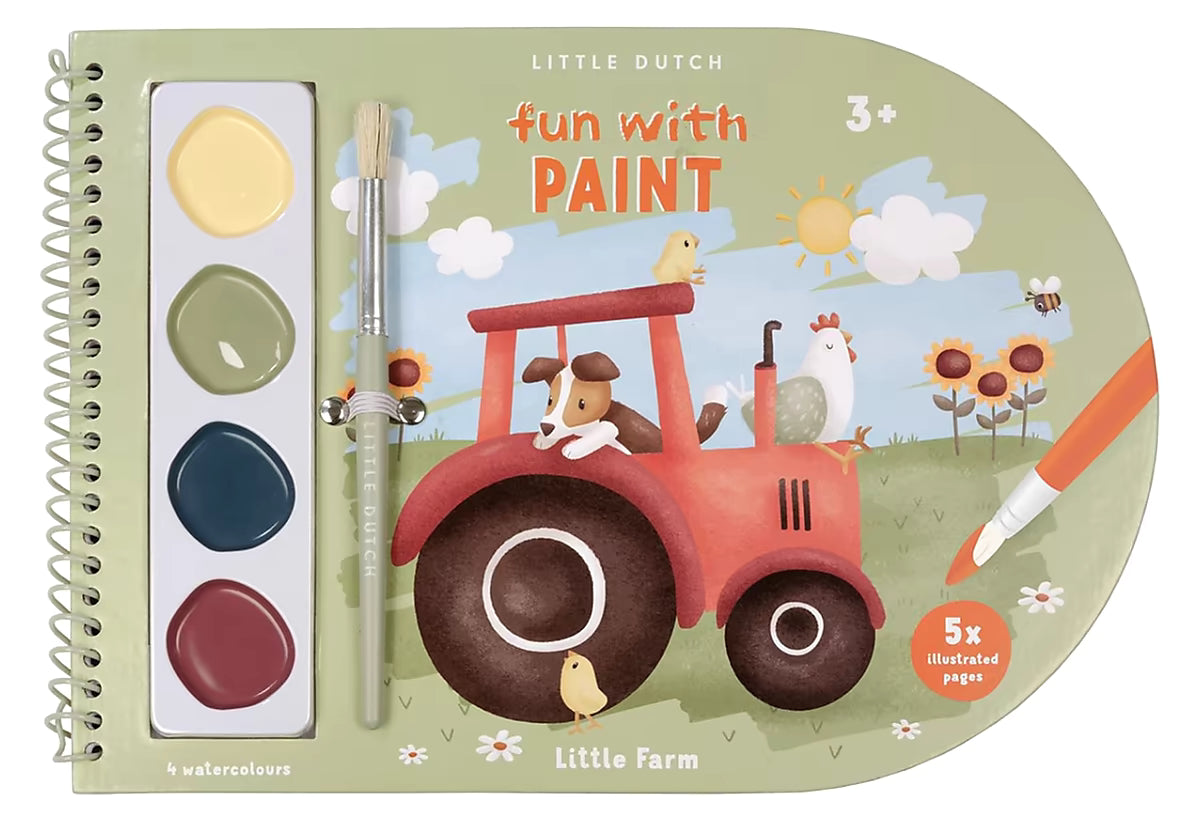 Little Dutch verfboek Little Farm voorkant verpakking met vier waterverfkleuren en penseel voor creatieve knutsel ideeën.