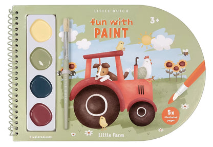 Little Dutch verfboek Little Farm voorkant verpakking met vier waterverfkleuren en penseel voor creatieve knutsel ideeën.