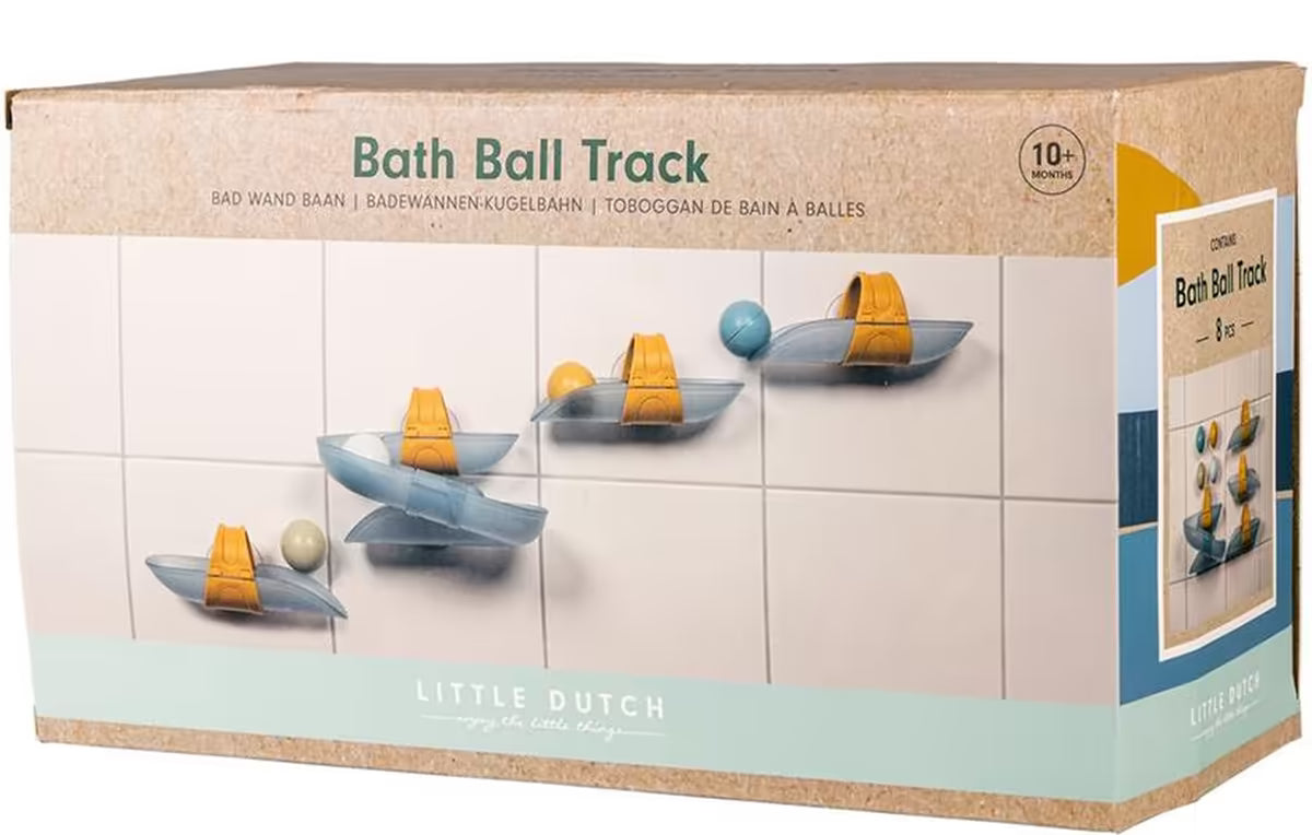 Voorkant verpakking Little Dutch Waterbaan Blauw, badspeelgoed vanaf 10 maanden, ideaal speelgoed voor in bad.