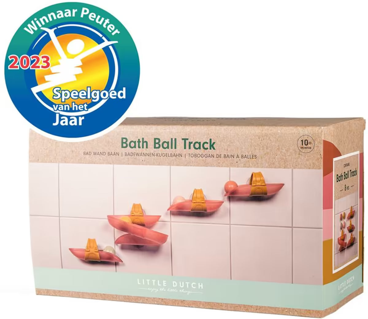 Verpakking van Little Dutch Waterbaan - Roze met award Speelgoed van het Jaar 2023 voor peuters.