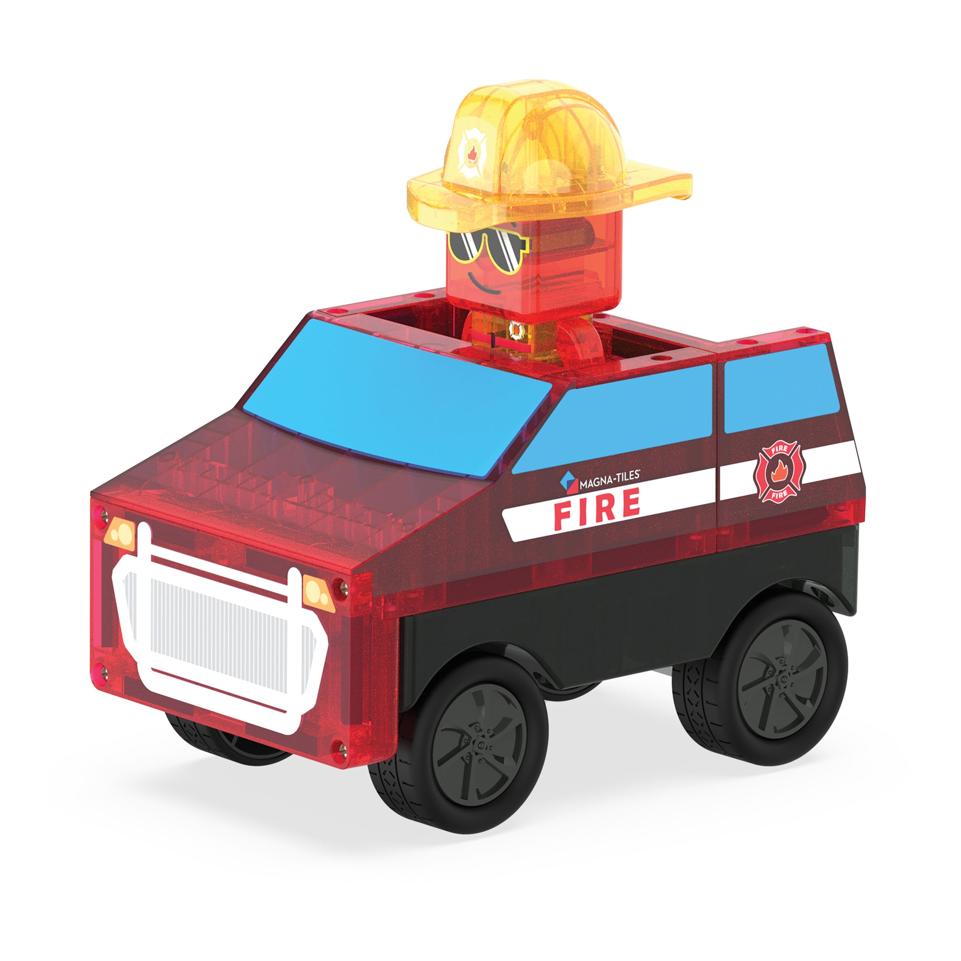 Magnetic magna tiles brandweerauto met MicroMags brandweerfiguur voorkant magnetisch speelgoed