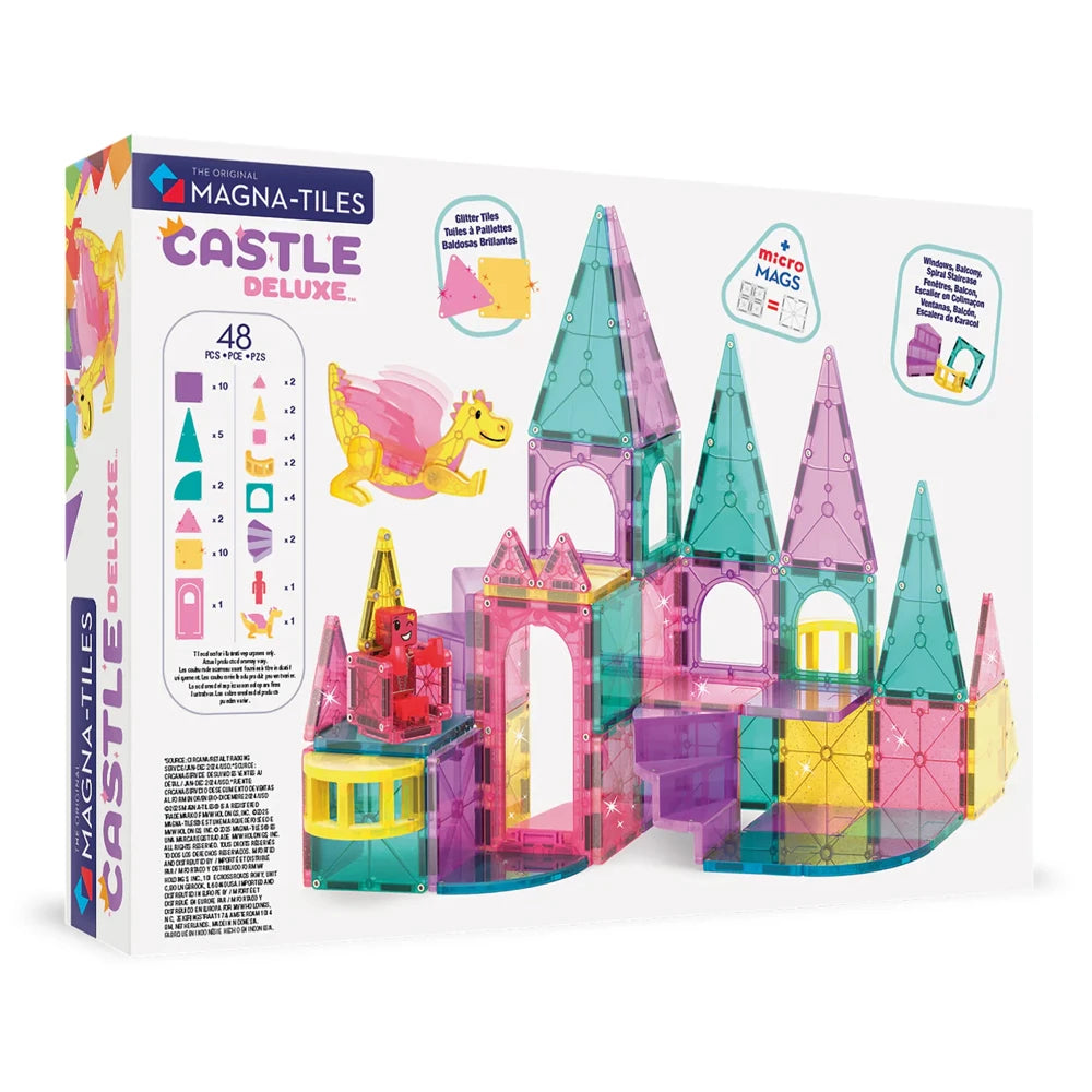 Achterkant verpakking van Magna Tiles Castle DLX met 48 magnetische tegels en MicroMags, perfect magnetisch speelgoed voor kinderen vanaf 3 jaar.