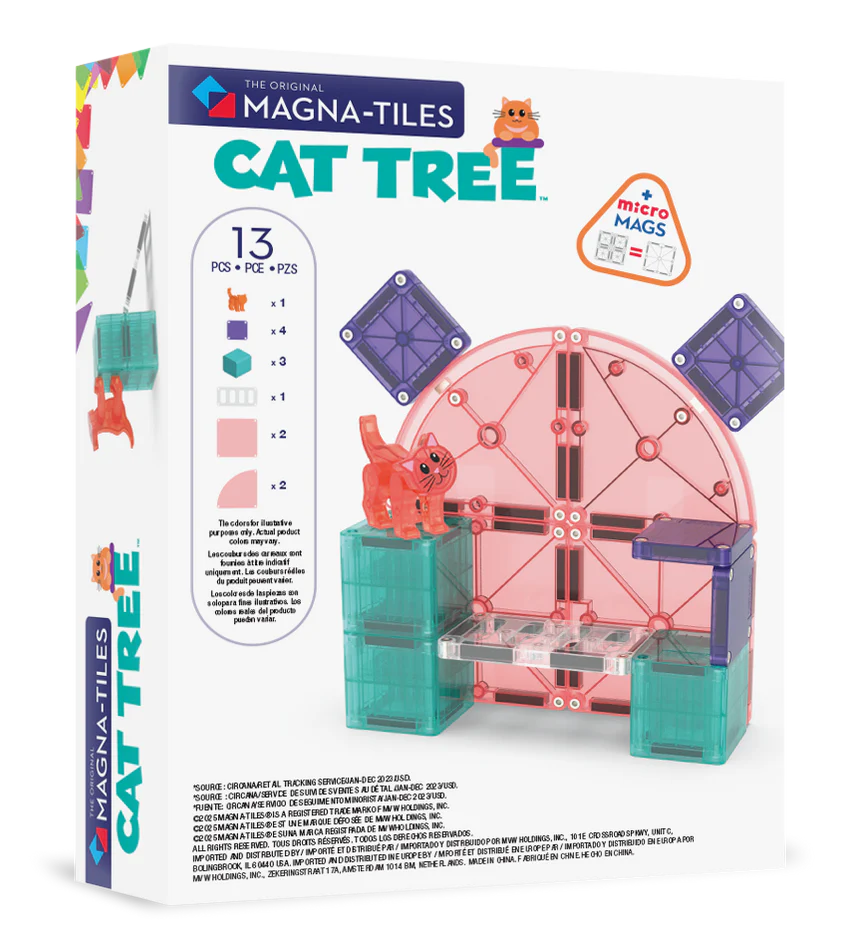 Achterkant van de Magna Tiles Cat Tree doos met 13 magnetische bouwstenen en een rode kattenspeelfiguur.