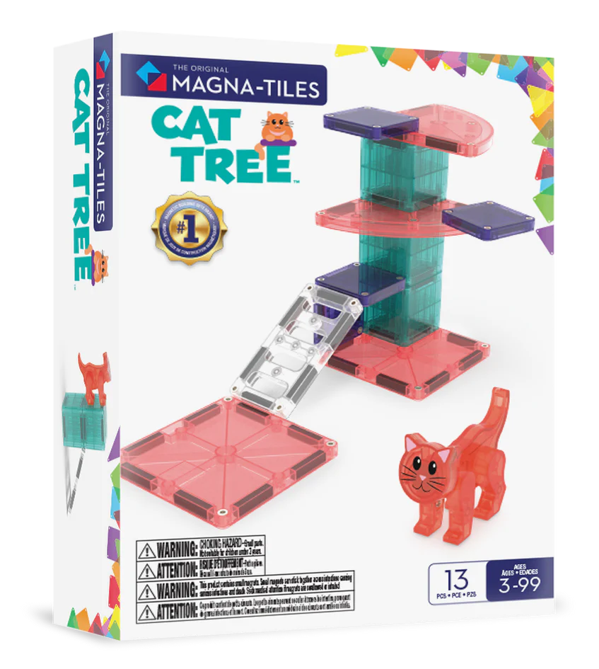 Zijaanzicht van de Magna Tiles Cat Tree doos met speelstructuur en magnetische tegels in felle kleuren.