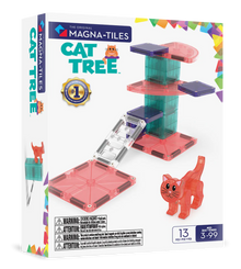 Zijaanzicht van de Magna Tiles Cat Tree doos met speelstructuur en magnetische tegels in felle kleuren.