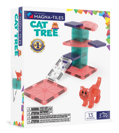 Zijaanzicht van de Magna Tiles Cat Tree doos met speelstructuur en magnetische tegels in felle kleuren.