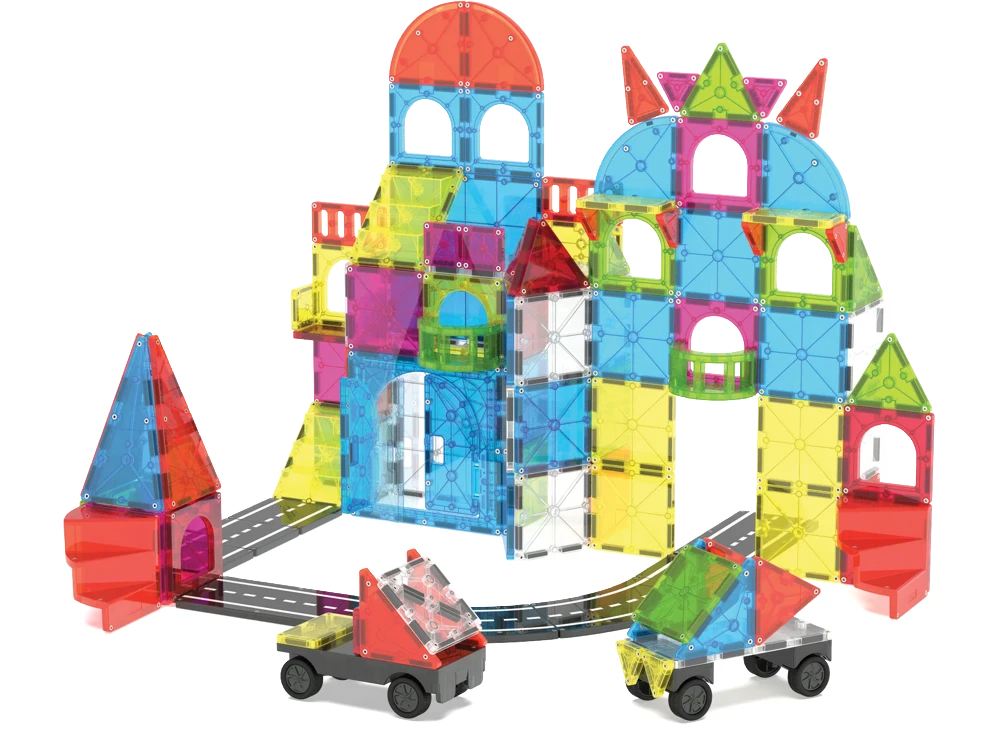 City Center poort van Magna Tiles met voertuigen en rails, magnetisch bouwspeelgoed voor kinderen.
