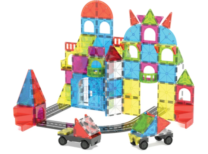 City Center poort van Magna Tiles met voertuigen en rails, magnetisch bouwspeelgoed voor kinderen.
