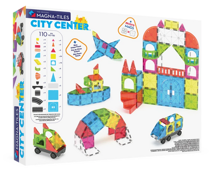 Achterkant verpakking van Magna Tiles City Center met 110 magnetische bouwstenen en kleurrijke speelideeën.