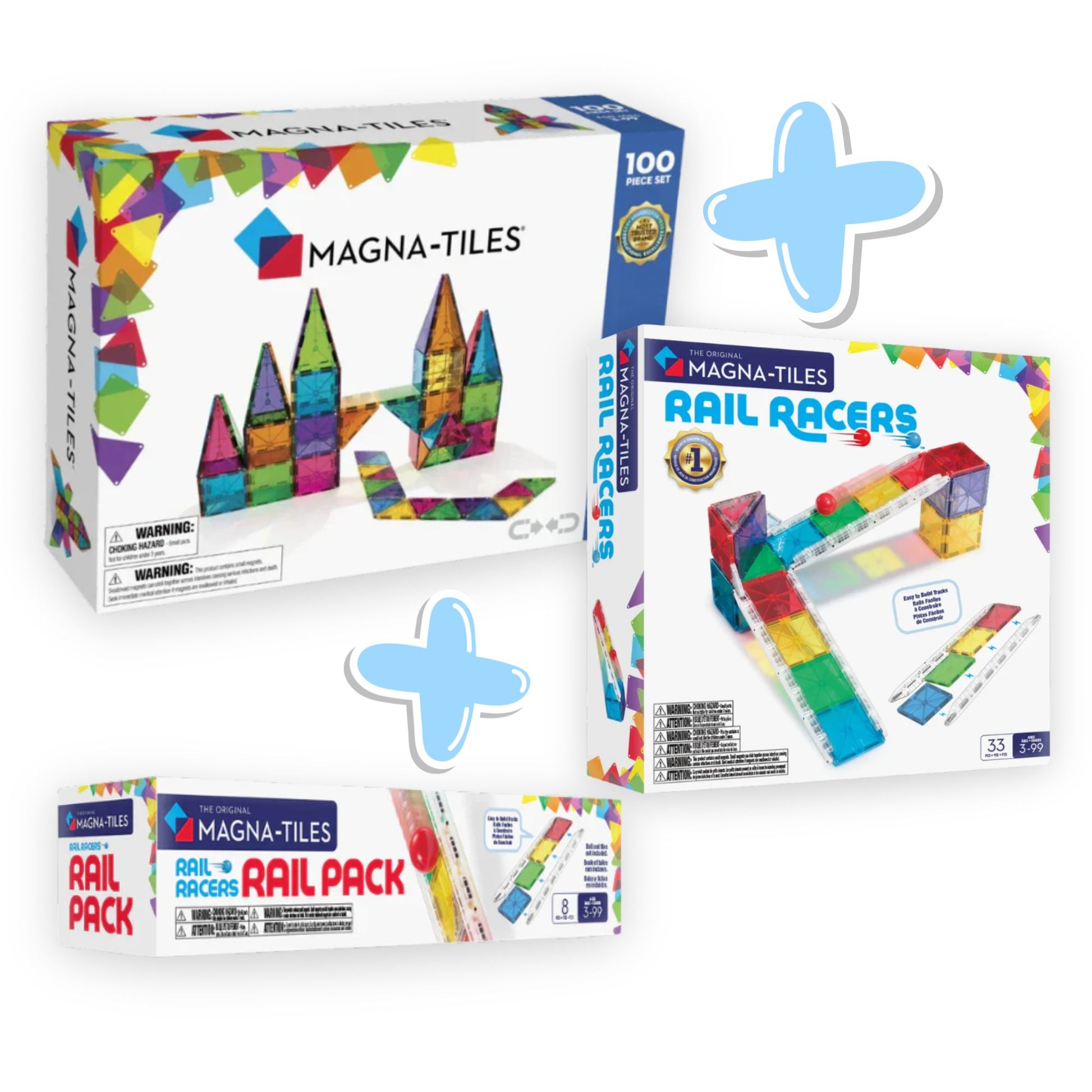 Classic Magna-Tiles 100 magnetische tegels met Rail Racers knikkerbaan set, complete voordeelbundel