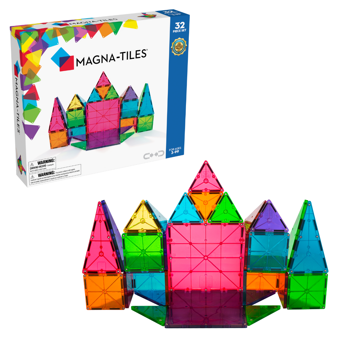 Magnetic magna tiles classic 32 stuks set met verpakking en gebouwd kasteel productfoto compleet