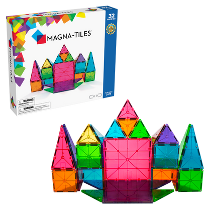 Magnetic magna tiles classic 32 stuks set met verpakking en gebouwd kasteel productfoto compleet