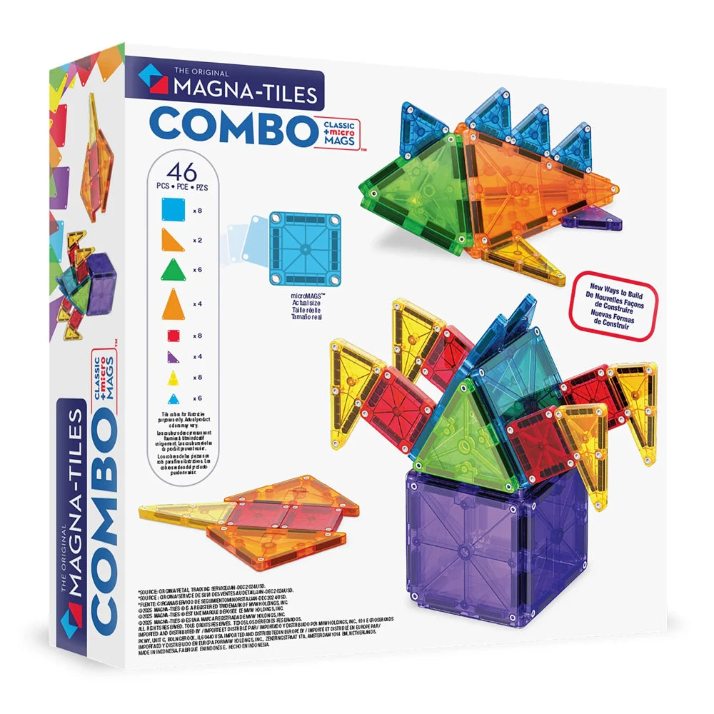 Doos met magnetische Magna Tiles Combo set, 46 magnetische bouwstenen voor het maken van kleurrijke geometrische vormen.