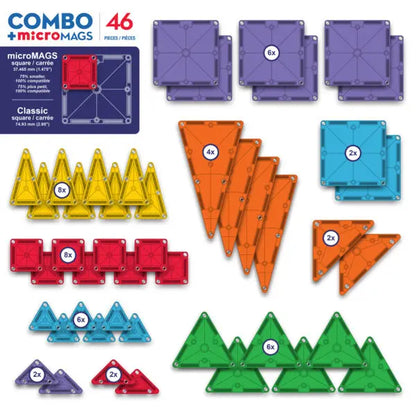 De Magnetic Magna Tiles Combo Set van Magna Tiles bevat kleurrijke geometrische tegels, waaronder gelabelde vierkanten en driehoeken.