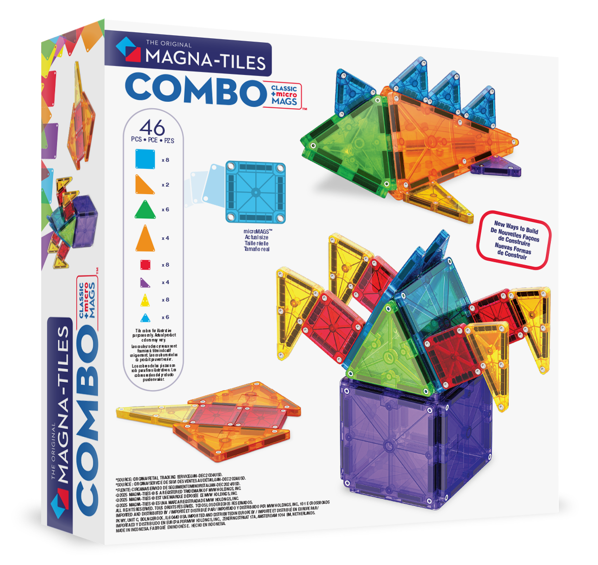 Magnetic magna tiles combo set zijkant doos met 46 magnetische tegels en bouwvoorbeelden MicroMags