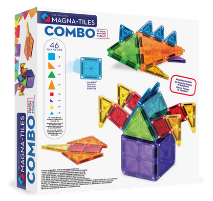 Magnetic magna tiles combo set zijkant doos met 46 magnetische tegels en bouwvoorbeelden MicroMags
