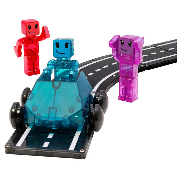 De Magna Tiles Dashers-set met 6 magnetische tegels en een autoracebaan inspireert tot STEAM-leerplezier.