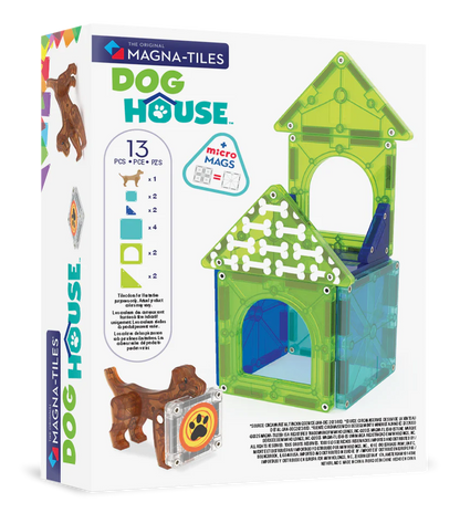 Voorkant van de doos met het Magna Tiles Dog House speelgoed, met 13 magnetische bouwstenen en speelse illustraties.