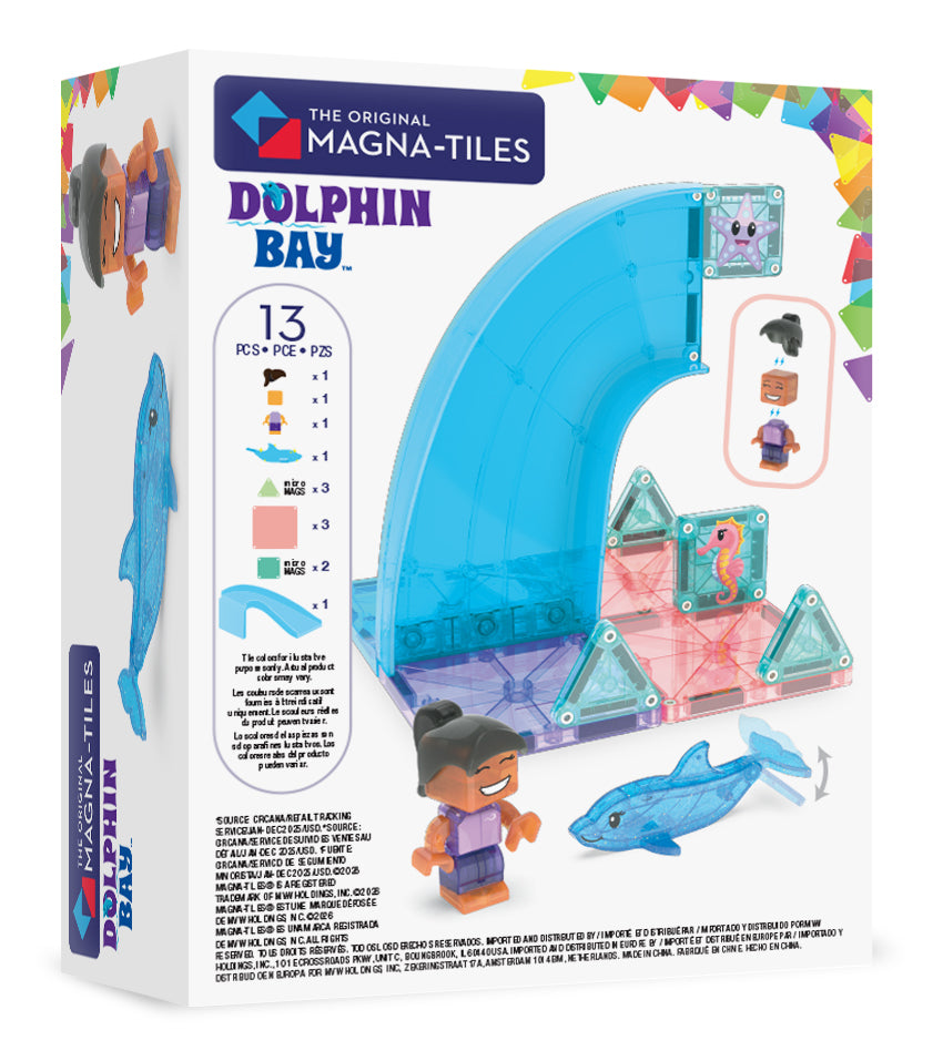 Achterzijde verpakking Magna Tiles Dolphin Bay met overzicht 13 magnetische onderdelen en productinfo