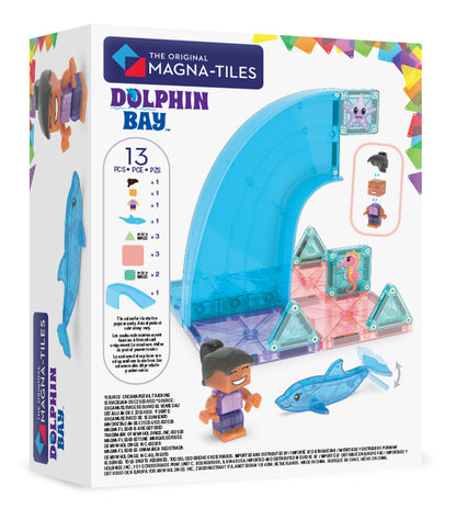 Achterzijde verpakking Magna Tiles Dolphin Bay met overzicht 13 magnetische onderdelen en productinfo