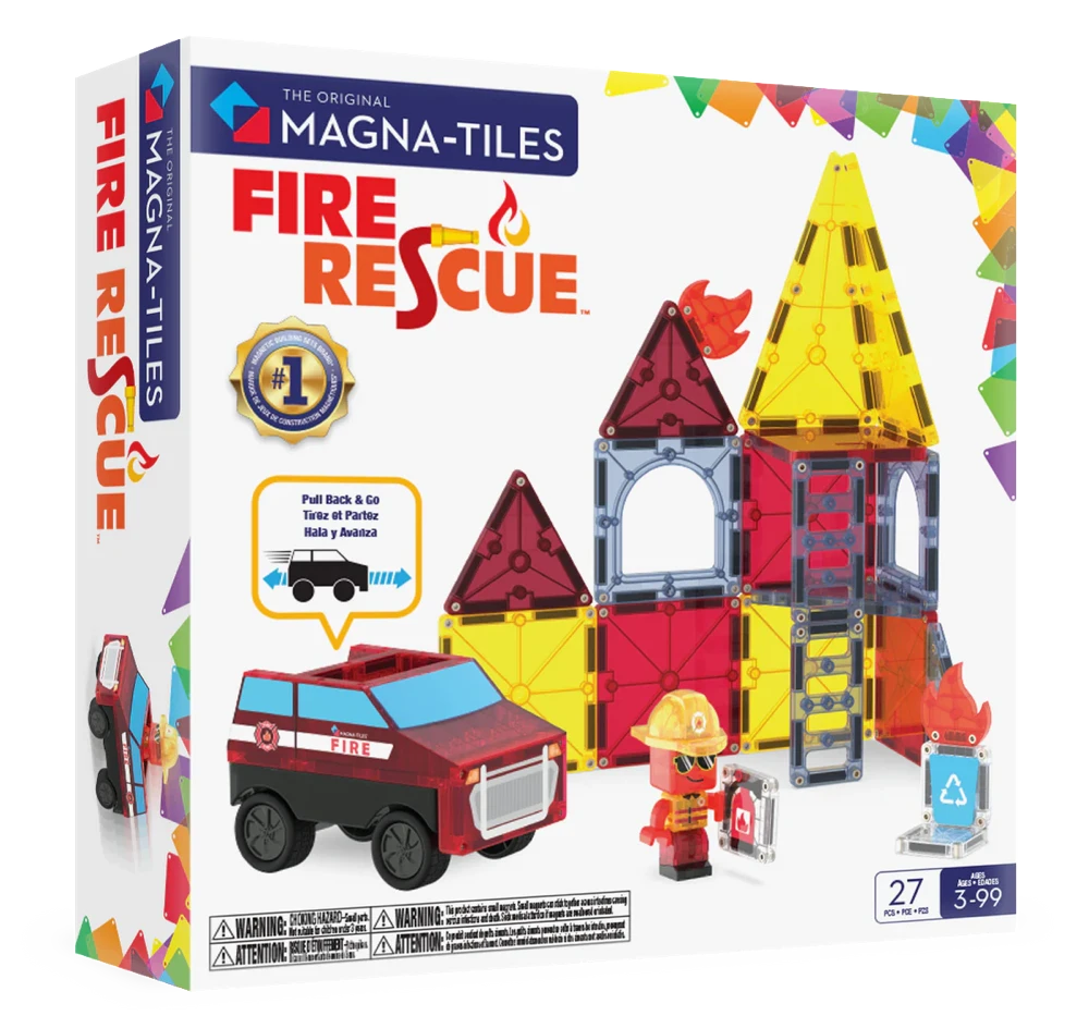 Voorkant verpakking magnetisch speelgoed Fire Rescue set van Magna Tiles met brandweerwagen, 27 magnetische tegels.