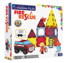 Voorkant verpakking magnetisch speelgoed Fire Rescue set van Magna Tiles met brandweerwagen, 27 magnetische tegels.