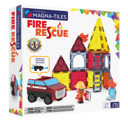 Voorkant verpakking magnetisch speelgoed Fire Rescue set van Magna Tiles met brandweerwagen, 27 magnetische tegels.