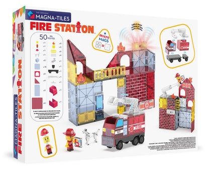 Magnetic magna tiles Fire Station achterkant verpakking met MicroMags figuur en 50 stuks overzicht
