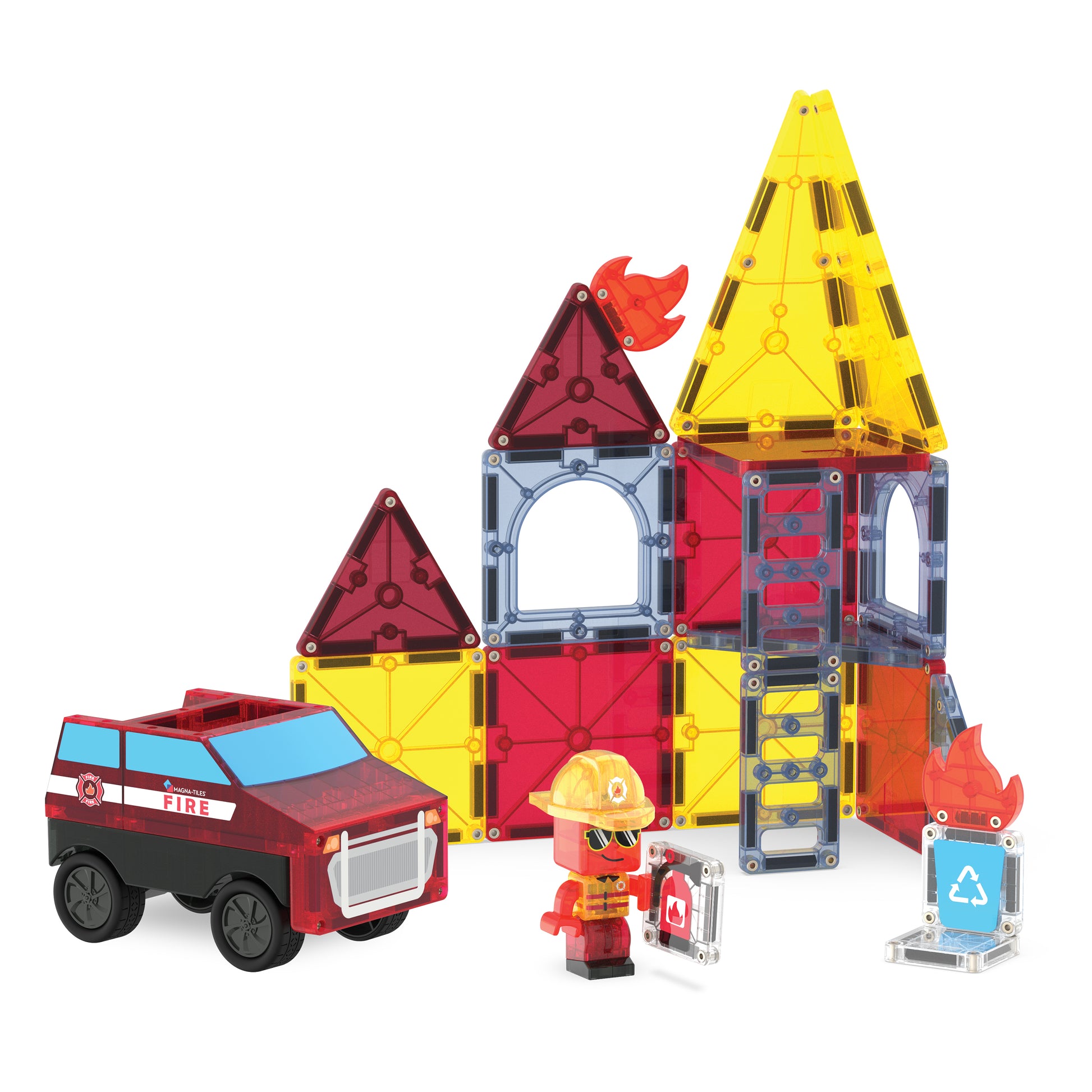 Magnetic magna tiles Fire Station set complete met 27 magnetische tegels en brandweerwagen