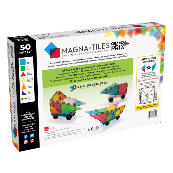 Magnetic magna tiles Grand Prix achterkant verpakking met 50 magnetische tegels bouwvoorbeelden
