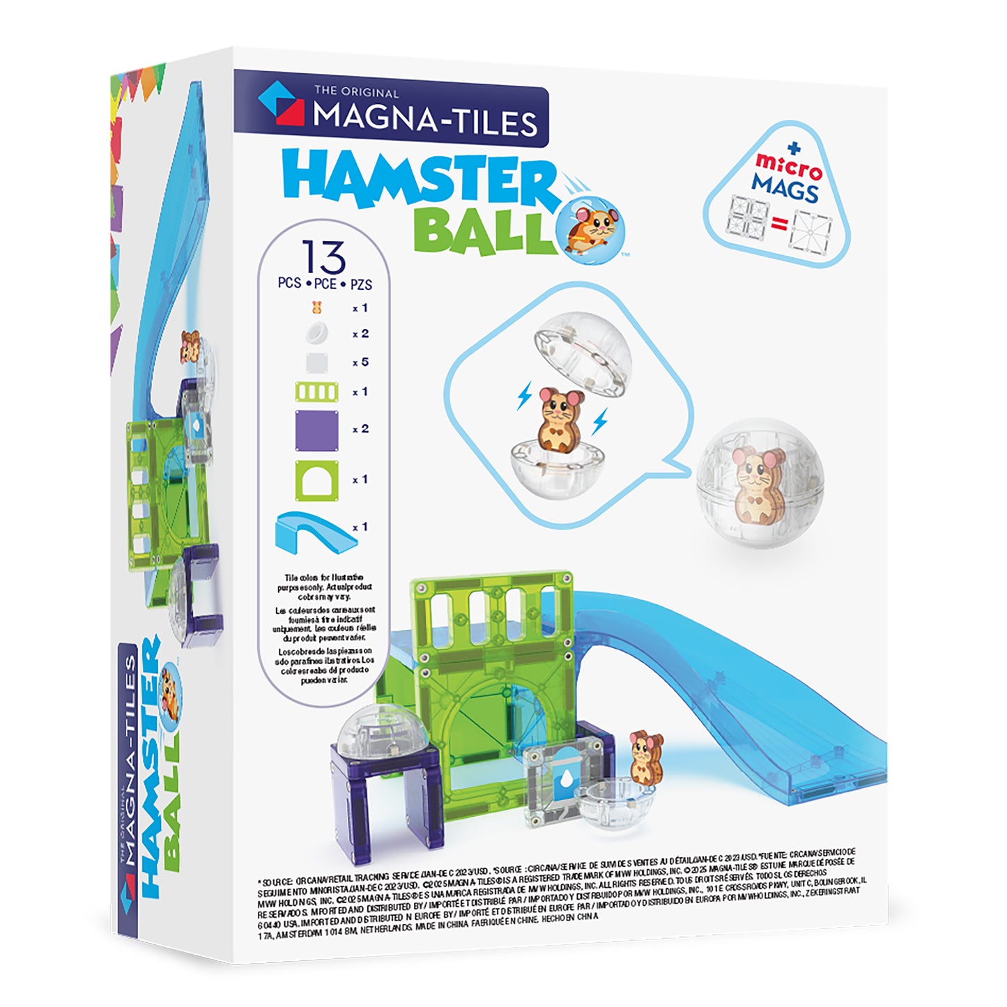 Magnetic magna tiles Hamster Ball achterzijde verpakking toont 13 stuks MicroMags magnetisch speelgoed
