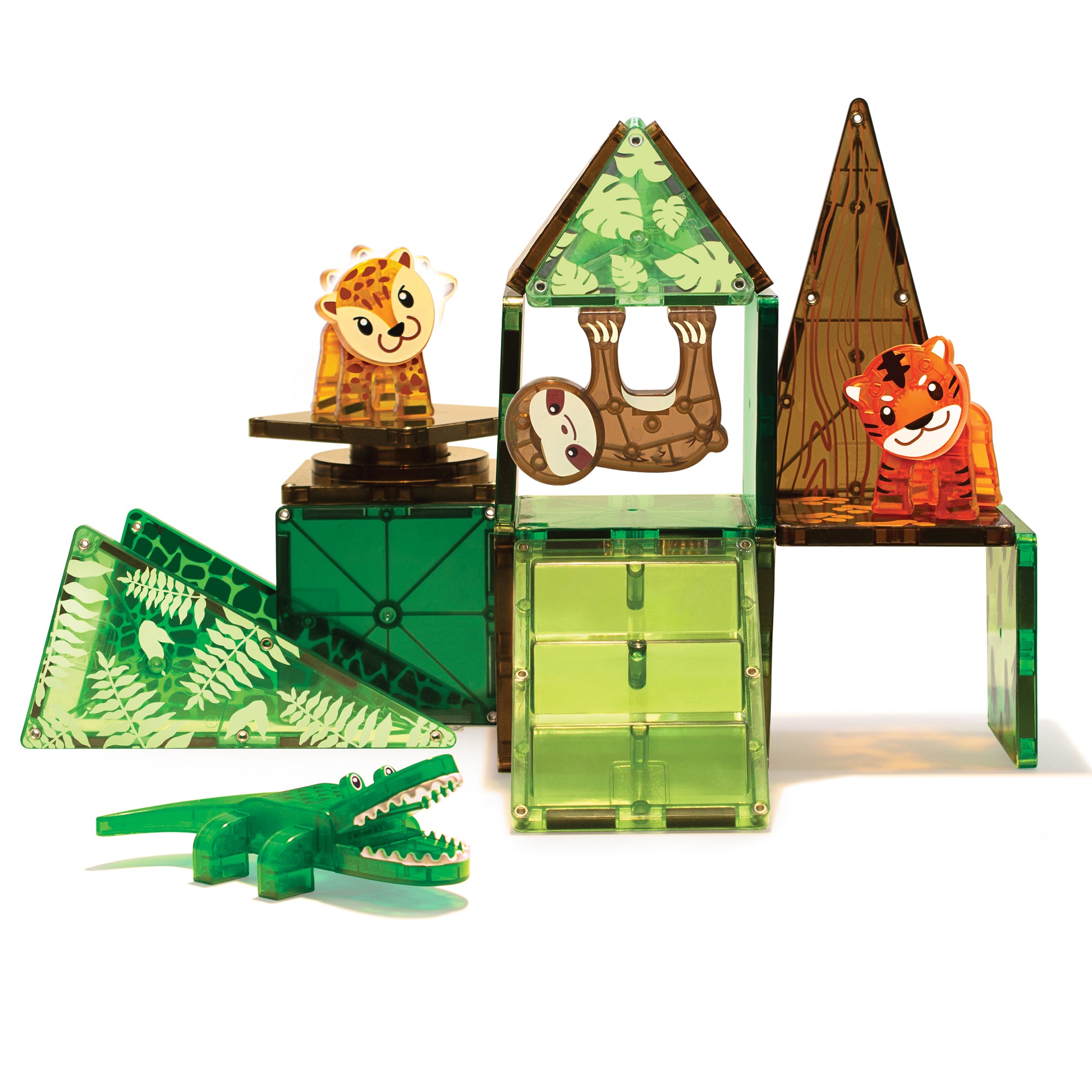 Magnetic magna tiles Jungle Animals opbouw met krokodil, tijger, luipaard en groene magnetische tegels