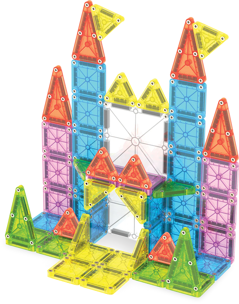 Magnetic magna tiles kasteel bouwwerk met 55 kleurrijke magnetische bouwstenen vierkanten en driehoeken