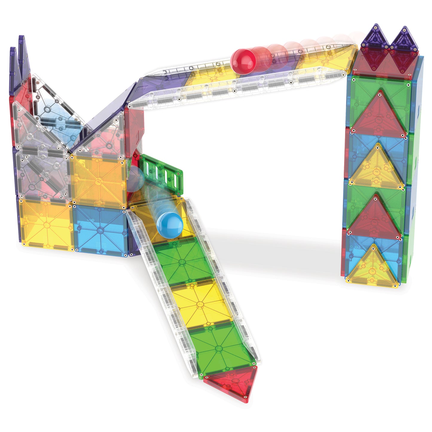 Magnetic magna tiles knikkerbaan bovenaanzicht met kleurrijke magnetische tegels en knikkers in actie