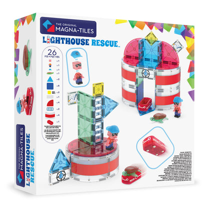 Magna-Tiles Lighthouse Rescue achterzijde verpakking met 26 onderdelen en magnetisch speelgoed