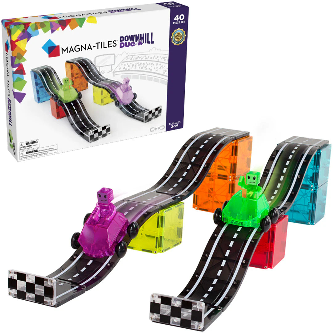 Magna-Tiles autobaan downhill duo voorkant verpakking en uitgepakt 40 stuks magnetische tegels.