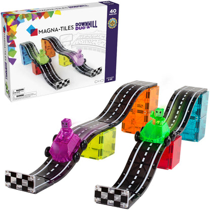 Magna-Tiles autobaan downhill duo voorkant verpakking en uitgepakt 40 stuks magnetische tegels.