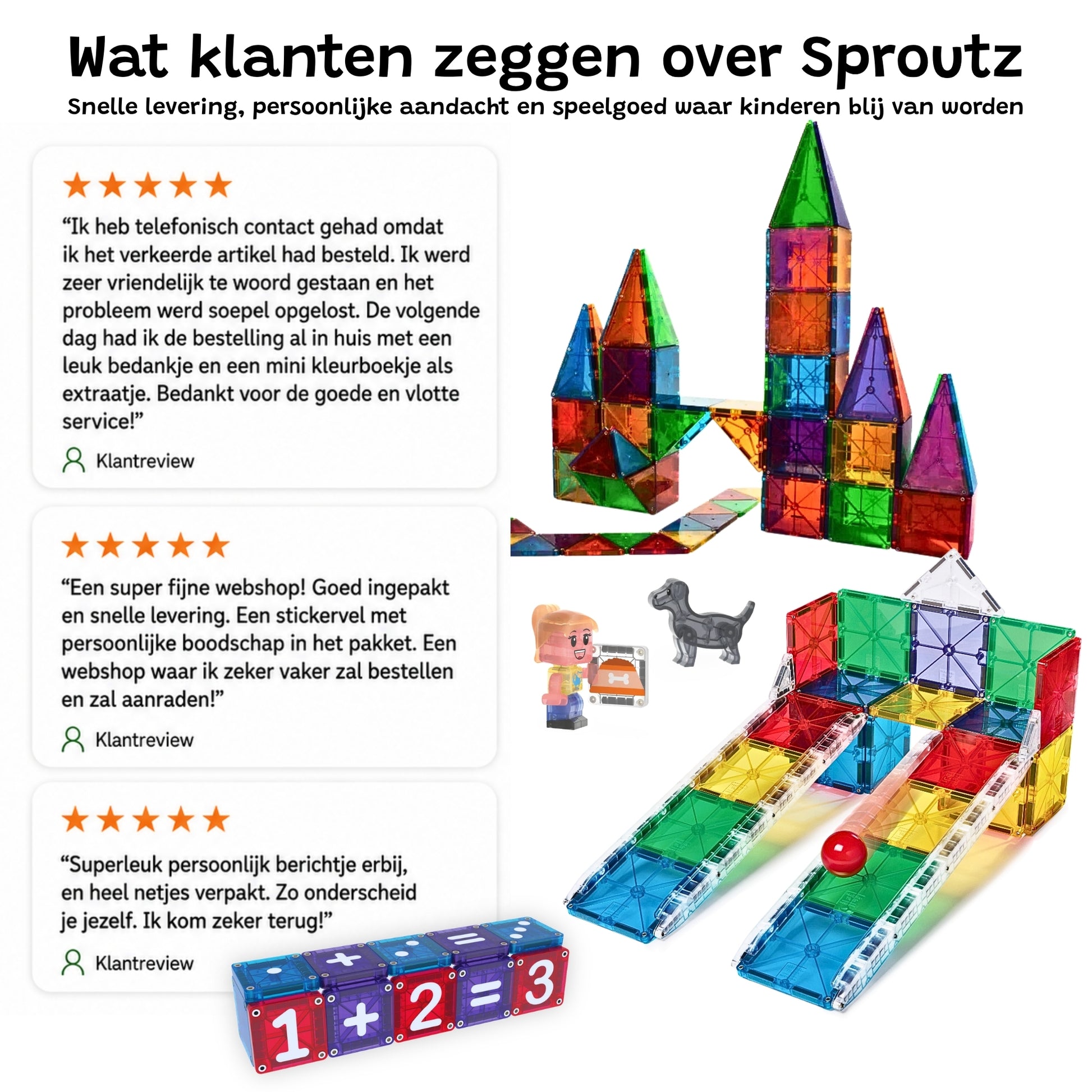 Vijf sterren klantreviews over Sproutz naast Magna Tiles magnetische tegels met kastele, knikkerbaan, en numbers