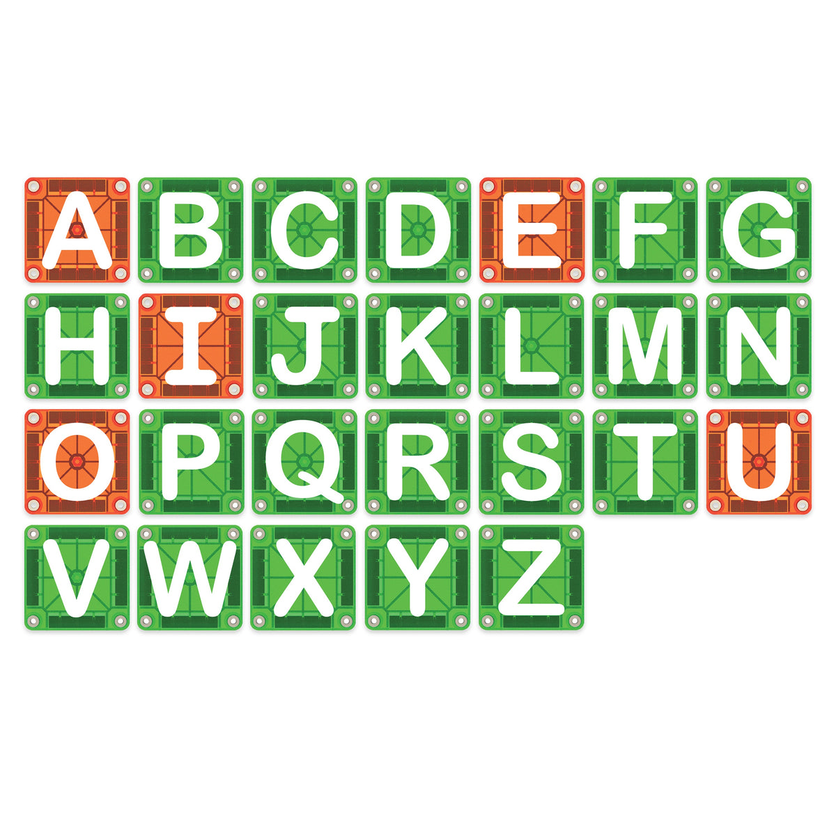 Magna Tiles microMAGS magnetische tegels compleet alfabet bovenaanzicht groen en oranje
