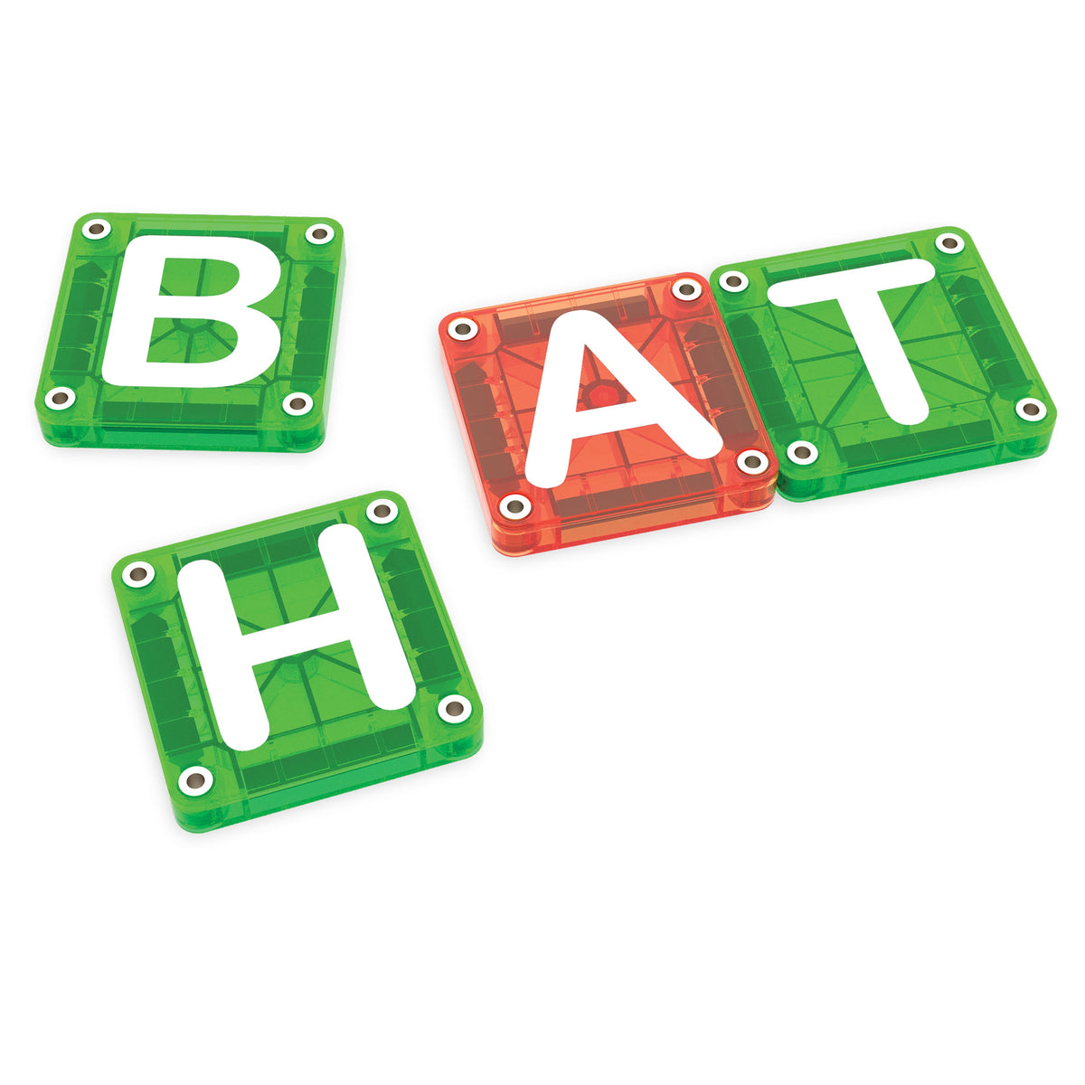 Magna Tiles microMAGS BATH letters bovenaanzicht magnetische tegels groen oranje STEM