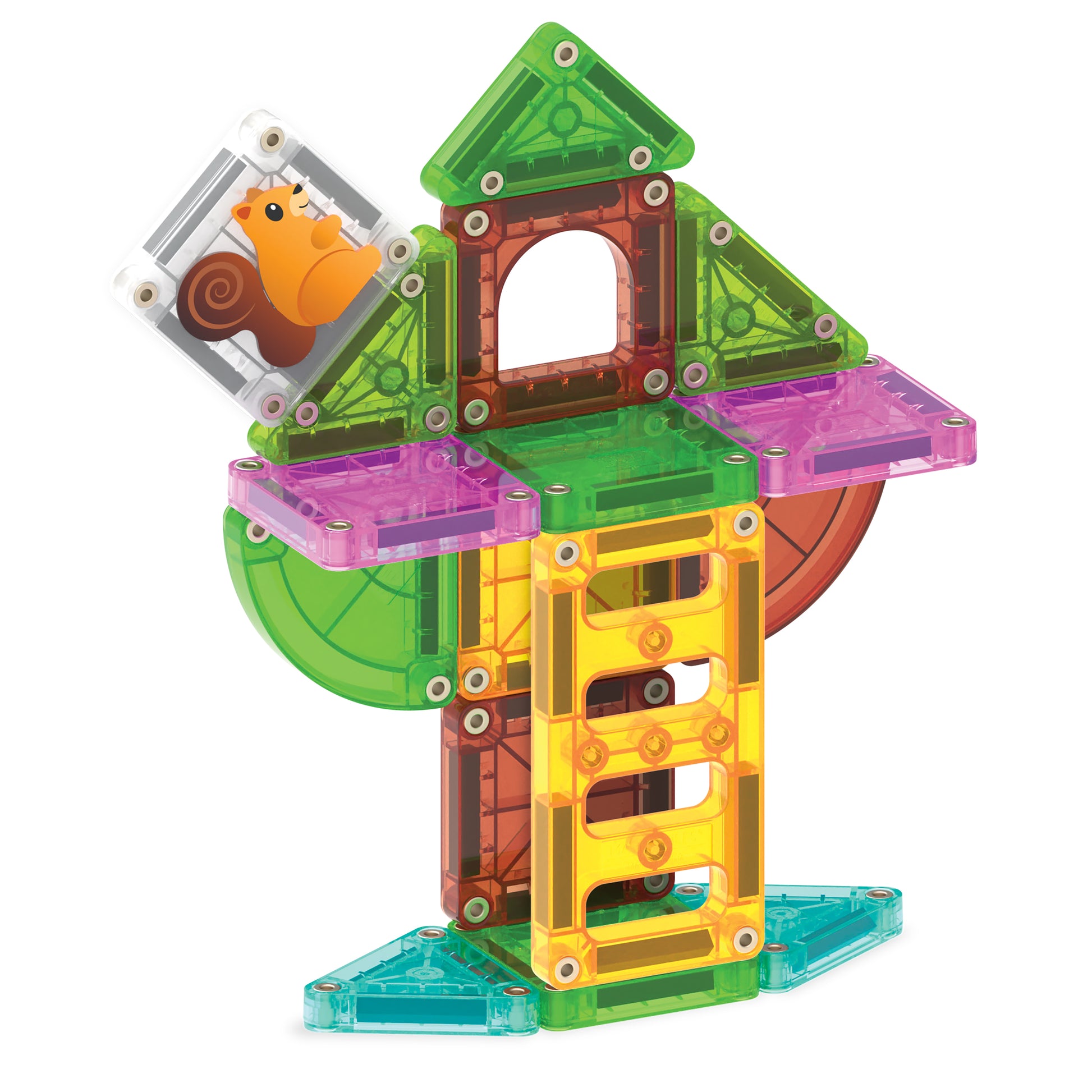Magna Tiles MicroMAGS boomhuis zijaanzicht met eekhoorn, transparante gekleurde magnetische tegels