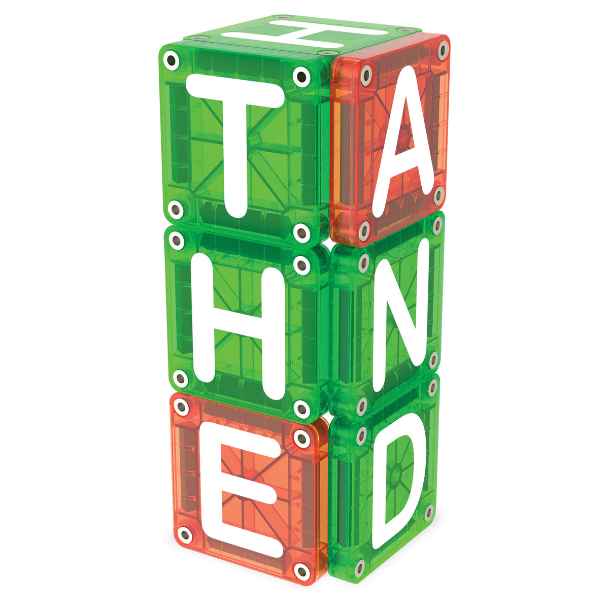 Magna Tiles microMAGS magnetische tegels gestapelde toren THANLED letters groen oranje