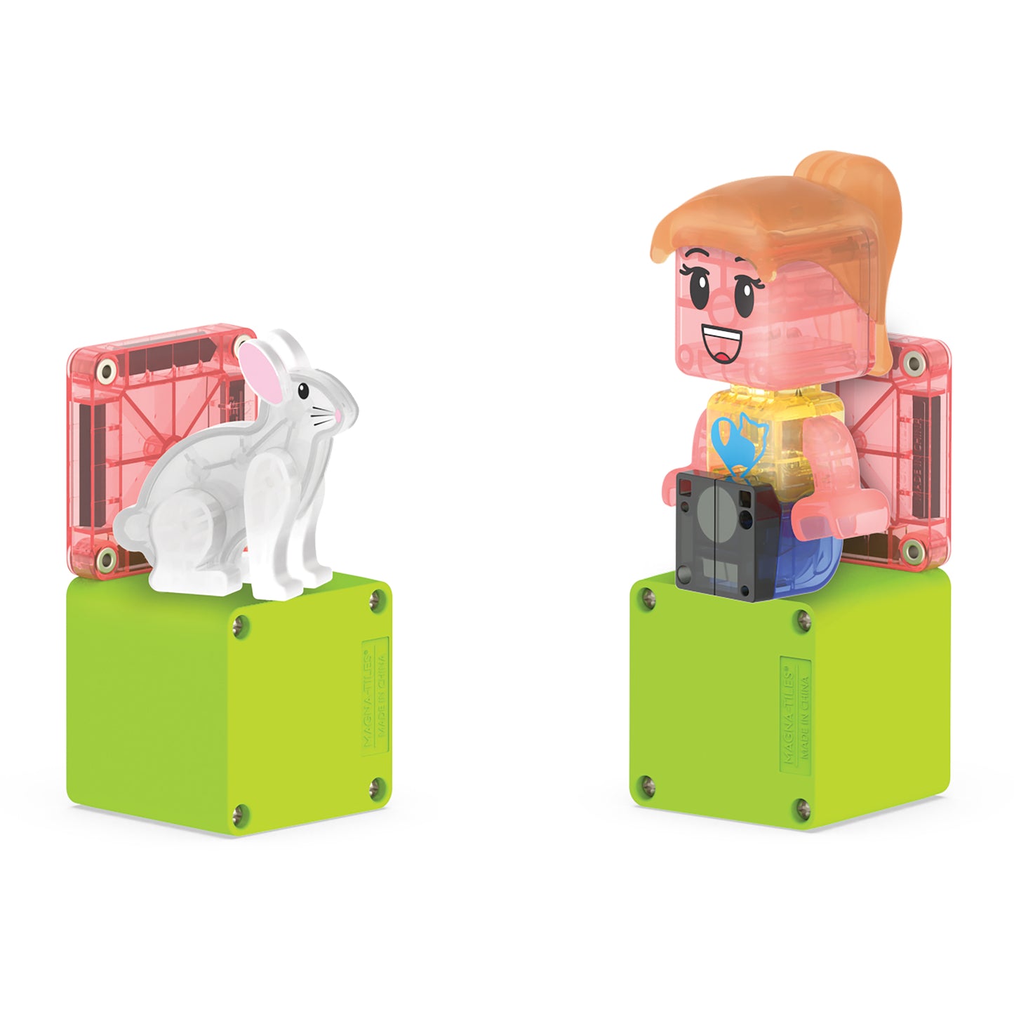 Magnetic magna tiles Pet Playhouse MicroMags figuren op groene magnetische blokjes met konijn magneet
