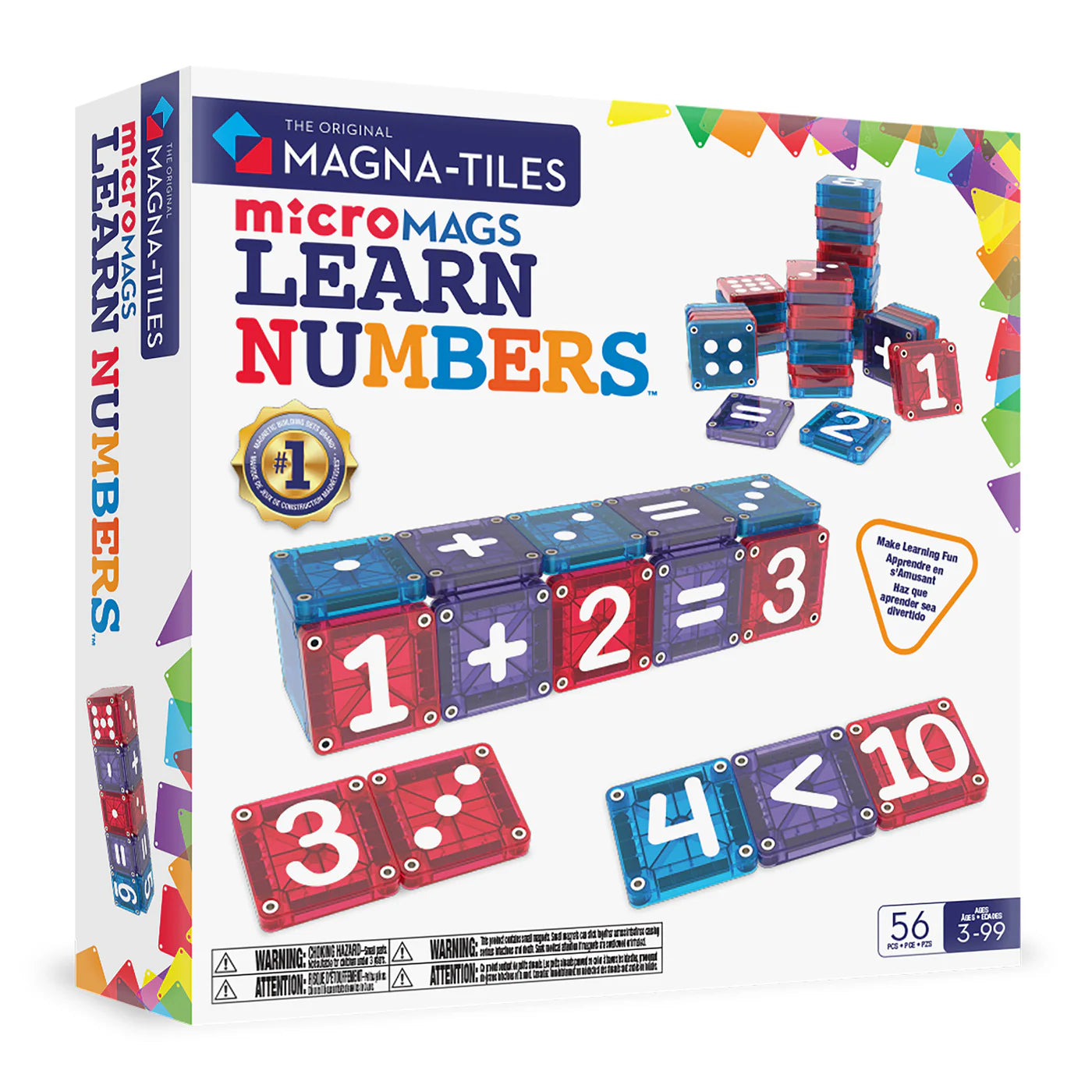 Magna Tiles microMAGS Learn Numbers 56 pc voorkant verpakking met magnetische cijfertegels
