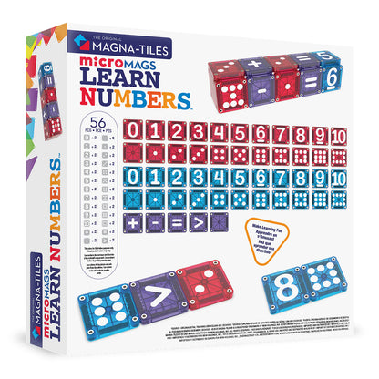 Magna Tiles microMAGS Learn Numbers 56 pc achterzijde doos met complete inhoud cijfers 0-10